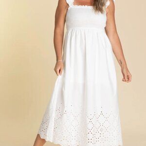 Smocked Ruffle Sleeve Eyelet Hem Midi Dresses. Color: White.  Size: Large. NWT.